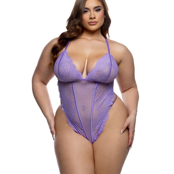 Kiss & Tell Lilac Lace Teddy | Sexy Floral Lace Slip On Teddiette Lingerie - Picture 3 of 5